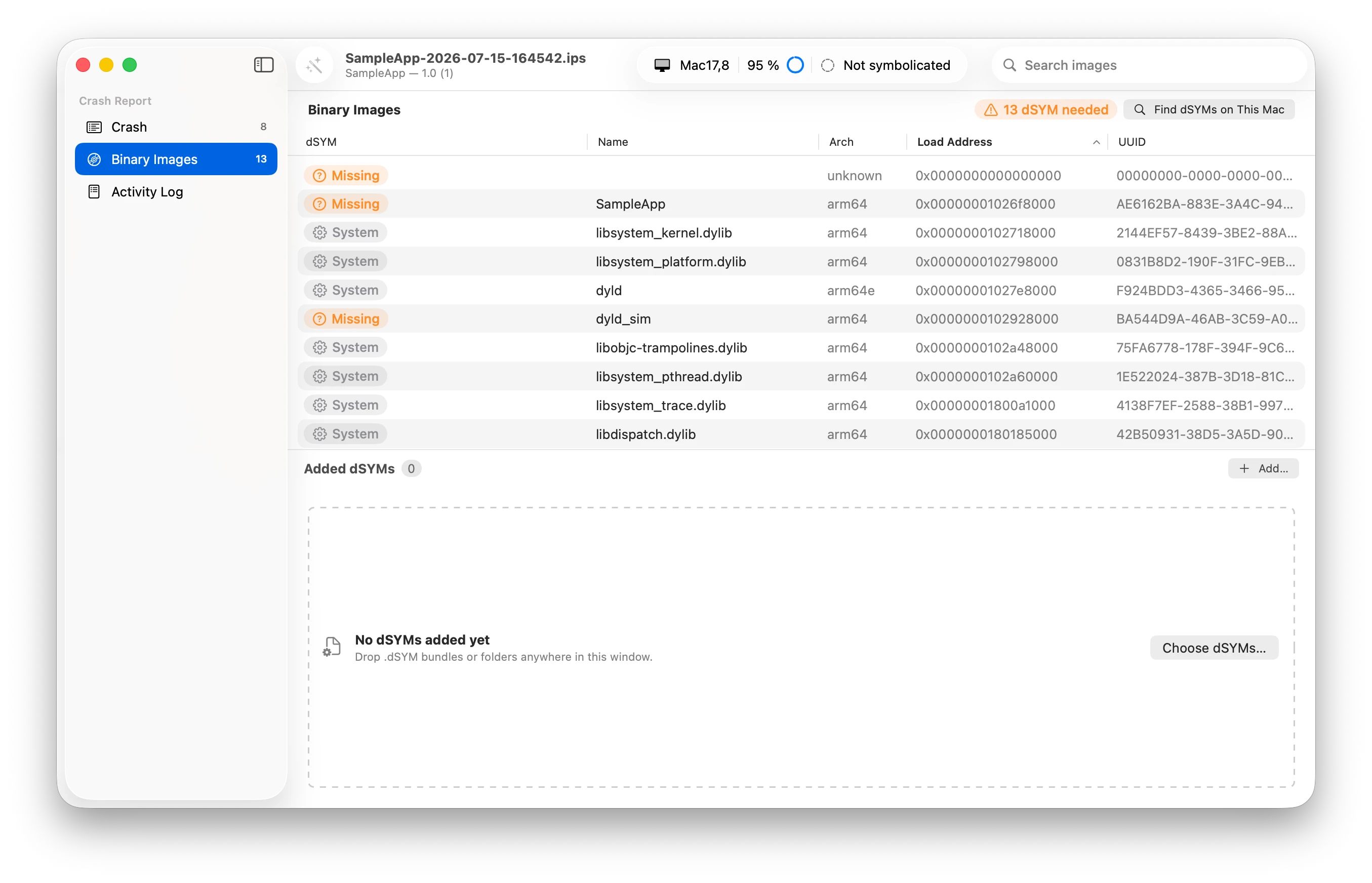 App screenshot: dSYM matching