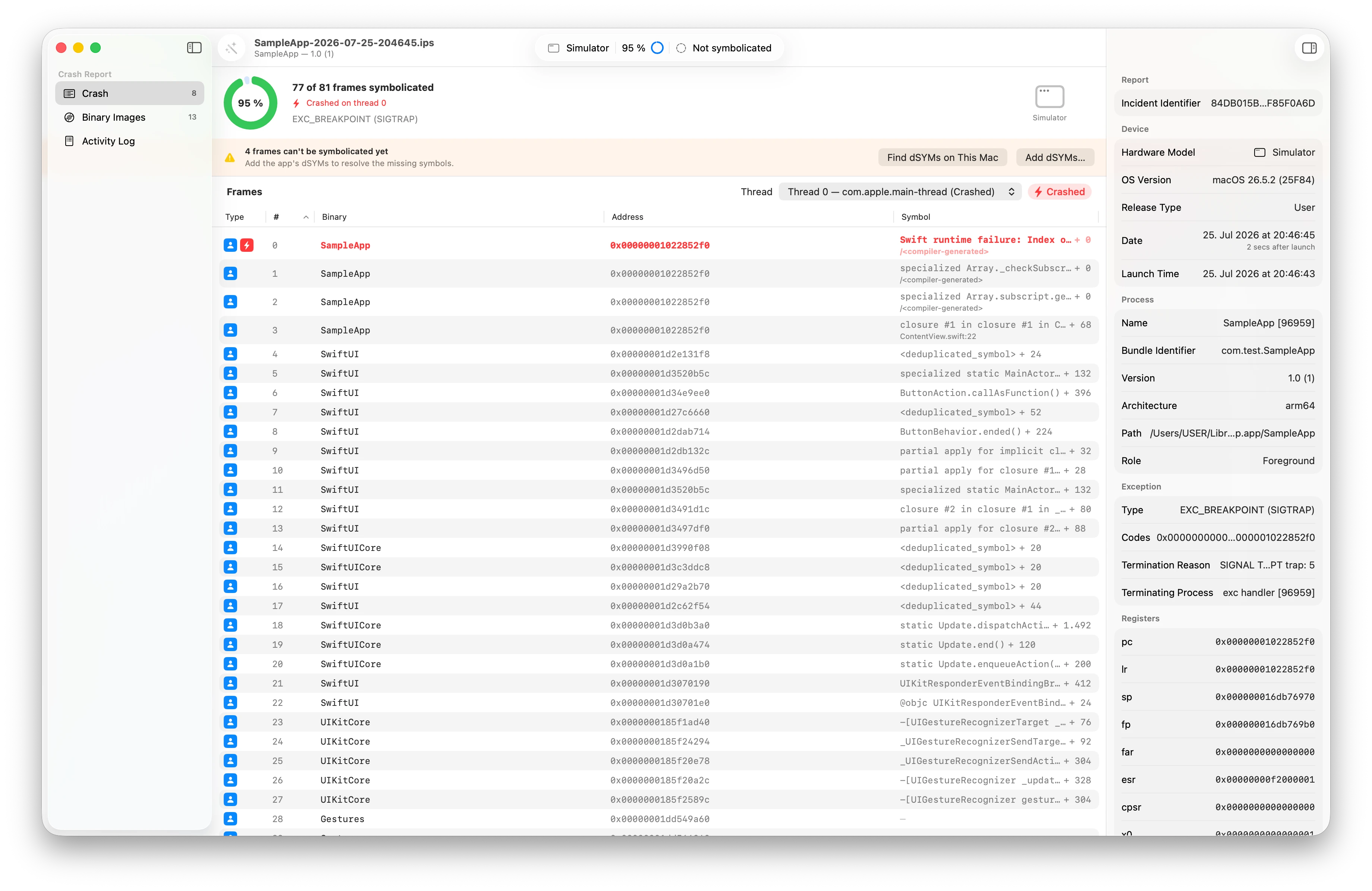 Unmangle displaying a fully symbolicated crash report