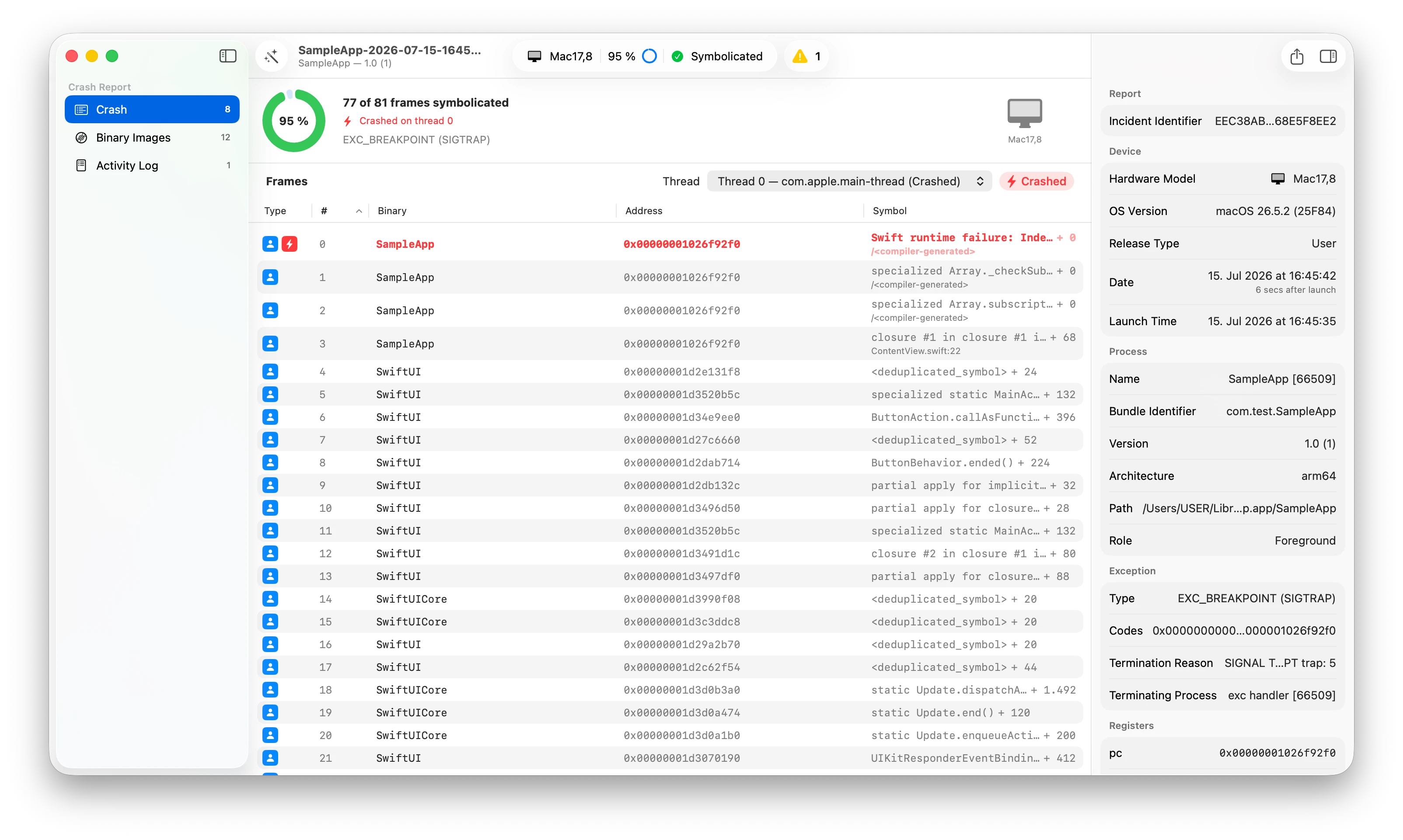 App screenshot: crash detail inspector